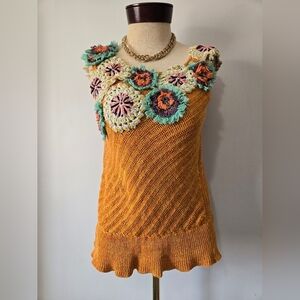 EDIE Cotton And Linen Sleeveless Mustard Crochet Knit Floral Women's Top. Size M